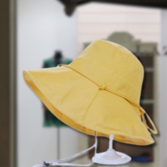 100% Cotton Wired Edge Bucket Hat Yellow UV Sun Protection with Strap for Women - Picture 3 of 3
